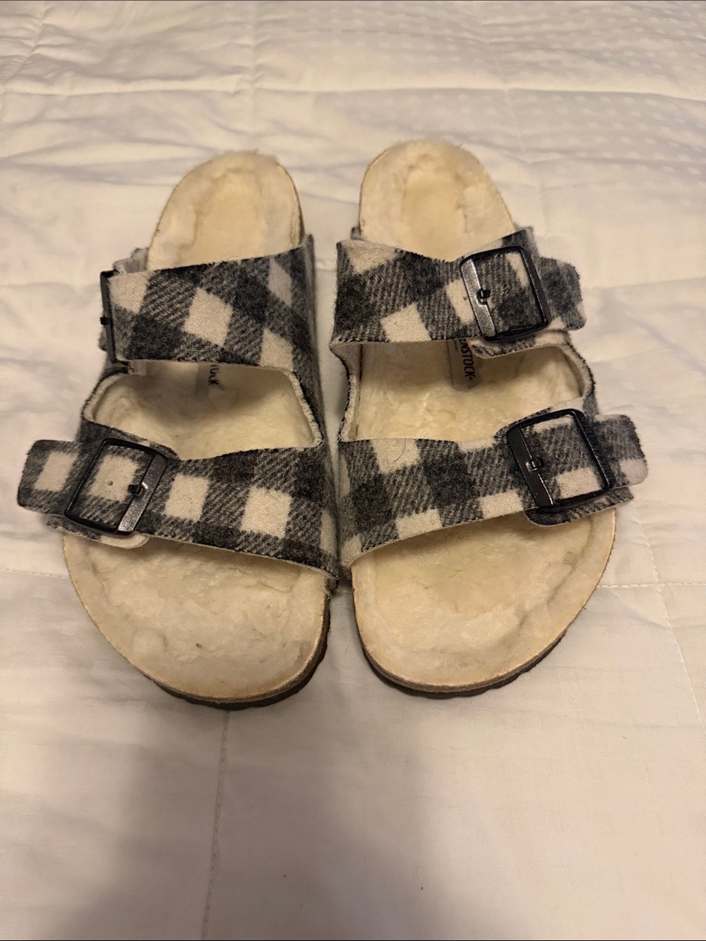 NWOTBirkenstock Arizona Black and White Plaid Fleece-Lined Double-Buckle Sandals